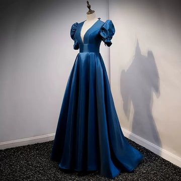 A line Short Sleeves Long Blue Prom Dresses HZ1023